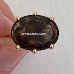 Large Natural Smokey Quartz Ring, Solid Silver, 15×20MM Oval Cut Gemstone , Anniversary Ring
