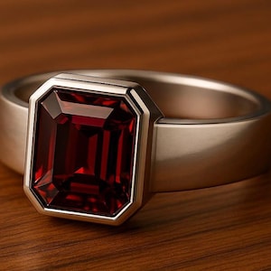 Natural Garnet Ring Sterling Silver 8×10 MM Large Rectangular Stone Man&#39;s Ring