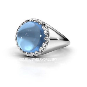 Natural Blue Topaz Ring, Solid Silver, 12×12MM Round Cabochon Gemstone Ring, Men&#39;s Anniversary Ring