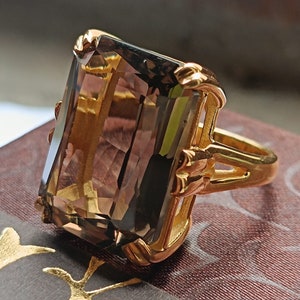Huge Natural  Smokey Quartz Ring, Solid Silver, 22×16 MM Emerald Cut Gemstone Ring, Anniversary Ring