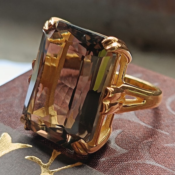 Huge Natural  Smokey Quartz Ring, Solid Silver, 22×16 MM Emerald Cut Gemstone Ring, Anniversary Ring