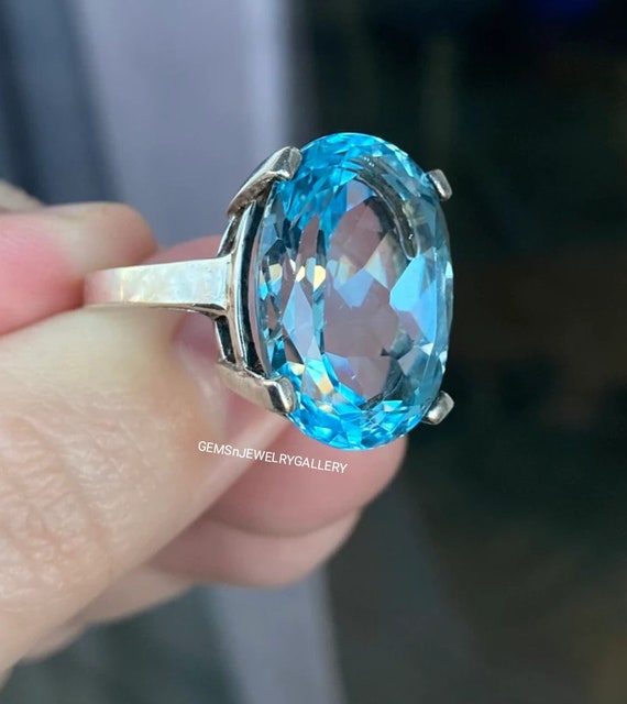 Natural Large Blue Topaz Ring Oval Cut Gemstone Solid Silver