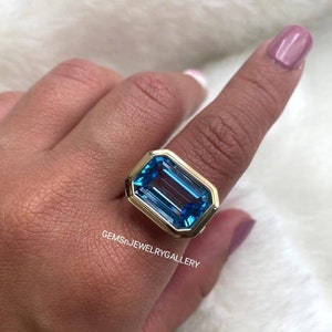 Geniune Swiss Blue Topaz Ring, Solid Silver, 10×14MM Emerald Cut Gemstone, Blue Gemstone, Anniversary Ring