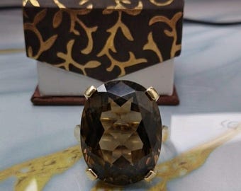 Very Large Natural Brown Smokey  Quartz Ring, Solid Silver, 16×21MM Oval Cut Gemstone Ring, Anniversary Ring