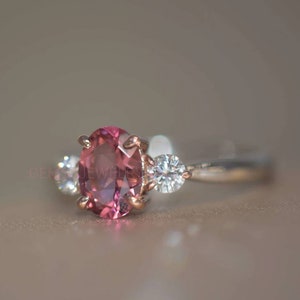 Natural Hot Pink Tourmaline Ring, 14K Solid Gold Ring, 6×8MM Oval Cut Gemstone, Pink Stone Anniversary Ring