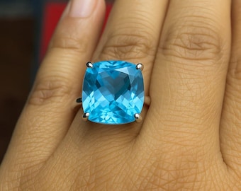 Large Natural Swiss Blue Topaz Ring 15×15 MM Cushion Cut Gemstone Solid Silver Anniversary Women's Ring