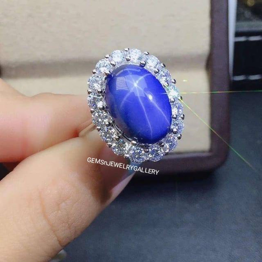 Blue Star Sapphire Ring,solid Silver Ring, 10×14MM Oval Cabochon Stone ...