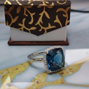 Large Natural London Blue Topaz Ring, Sterling Silver, 12×12MM Cushion Cut Gemstone, Anniversary Ring