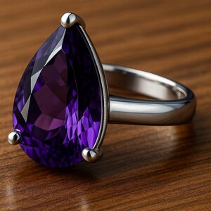 Large Natural Amethyst Ring, Purple Gemstone, Solid Silver, 13×18 MM Pear Cut Gemstone, Anniversary Ring