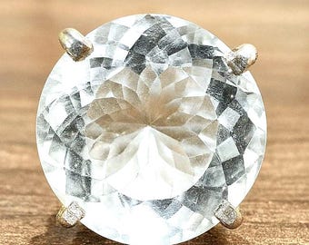 Huge Natural Crystal Quartz Ring, Solid Silver, 20×20MM Round Cut Gemstone, Anniversary Ring
