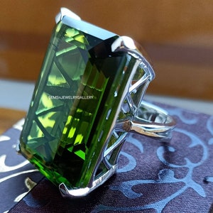 Very Large Lab Green Tourmaline Ring, Emerald Cut Gemstone, Olive Green Gemstone Ring, Solid Silver Ring, 20×30MM Gemstone, Anniversary Ring