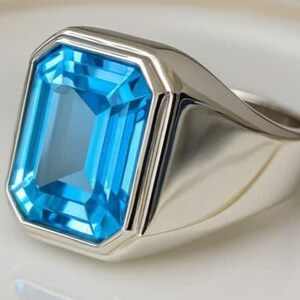 Heavy Silver Natural Blue Topaz Ring Solid Silver 12×16 MM Emerald Cut Gemstone Anniversary Ring