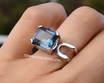 Natural London Blue Topaz Ring, Solid Silver, Emerald Cut Gemstone, December Birthstone Ring, Something Blue, Anniversary Unique Design Ring