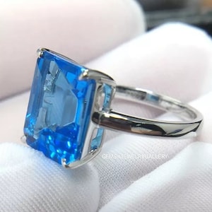 Natural Large Swiss Blue Topaz Ring, Solid Silver Ring, Blue Gemstone, 13×18MM Emerald Cut Gemstone Ring, Anniversary Ring
