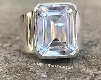 Natural White Topaz Ring, Solid Silver 12×16MM Emerald Cut Gemstone, Men's Anniversary Ring