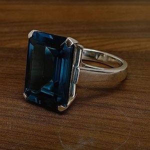 Natural Large London Blue Topaz Ring 13×18 MM Emerald Cut Gemstone Solid Silver Anniversary Ring
