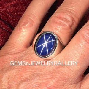 Lindy Star Sapphire Men&#39;s Ring, Solid Silver Ring, Six Line Blue Gem Ring, Anniversary Ring