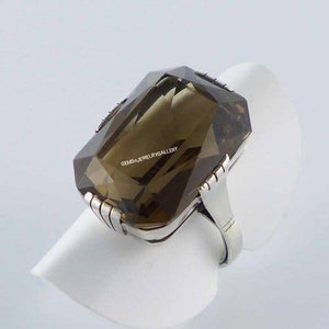 Very Large Natural Smokey Quartz Ring, Emerald Cut Gemstone,Gemstone Ring, Solid Silver Ring, 16×21MM Gemstone, Anniversary Ring