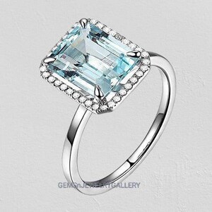 Natural Aquamarine Ring, 14k White Gold, 8×10MM Emerald Cut Gemstone, Anniversary Ring