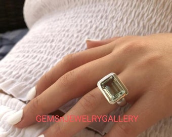 Amazing Prasiolite Ring, In Sterling Silver, Green Gemstone Silver Ring, Emerald Cut Gemstone, Anniversary Ring, 10×14mm Gem Ring