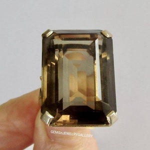 Very Large  Natural Smokey Quartz Ring, Solid Silver, 15×20MM Emerald Cut Gemstone Ring, Anniversary Ring
