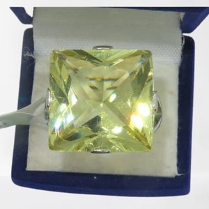 Huge Natural Lemon Topaz Ring, Solid Silver 18×18MM Square Princess Cut Green Gold Anniversary Ring