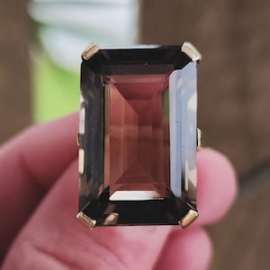 Large  Natural Brown Smokey Quartz Ring, Solid Silver, 16×22 MM Emerald Cut Gemstone Ring, Anniversary Ring