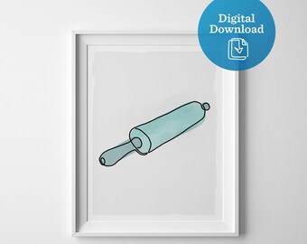 Rolling pin printable artwork print, kitchen digital download, bakery artwork, cooking baking art, kitchen wall decor, rolling pin drawing