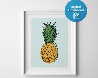 Pineapple printable art, pineapple drawing instant download, kitchen art digital print, tropical kitchen decor, fruit artwork, cooking chef