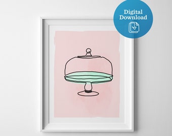 Cake stand digital download art, baking printable artwork, kitchen wall decor instant download, bakery print, baker chef cook cake lover