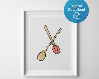 Spoon and spatula digital download, baking utensils printable wall art, kitchen art digital print, cooking artwork, baker chef cook decor