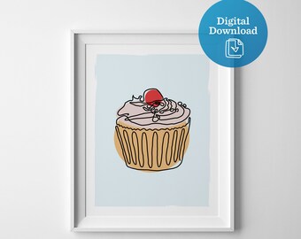 Cupcake wall art, digital download, cute kitchen decor, printable cupcake picture, bakery artwork, bake chef cook, sweet treat dessert print