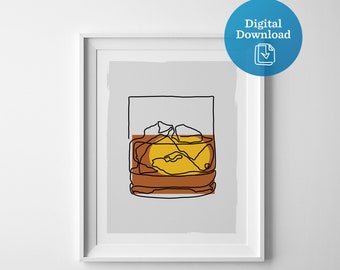 Whiskey art digital download, whiskey glass drawing printable, bar man cave decor, kitchen drink cocktail, whisky sour picture, dad father