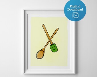 Baking utensils printable wall art, spoon and spatula digital download, kitchen art digital print, cooking artwork, baker chef cook decor