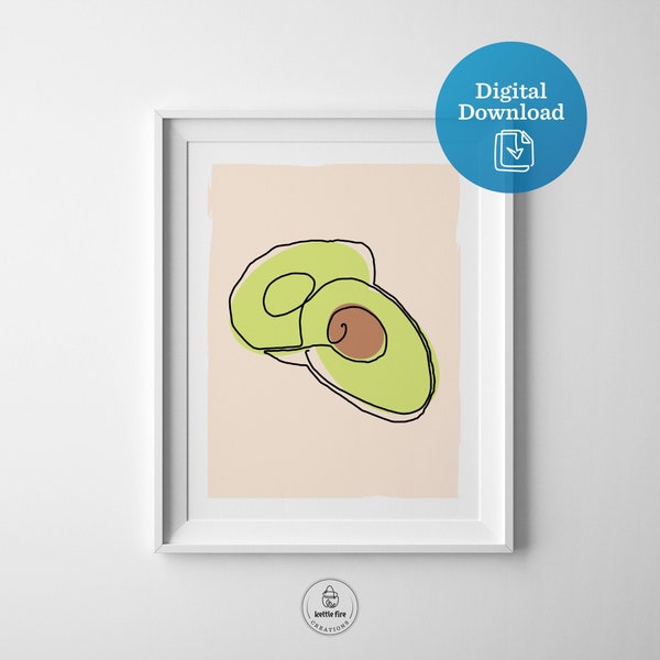Avocado printable art, kitchen digital download, avocado kitchen art, instant download artwork, food print, food drawing, cooking culinary