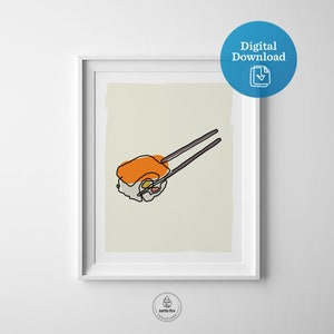 Kitchen wall art line drawing of sushi with orange and gray on an off-white background. Shown in frame.