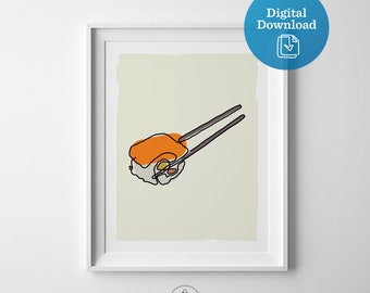 Sushi wall art, sushi printable artwork, kitchen digital download, chop sticks salmon roll, food drawing instant download, foodie decor