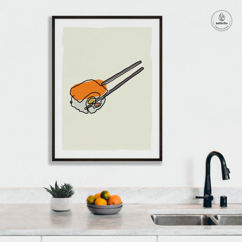 Kitchen wall art line drawing of sushi with orange and gray on an off-white background. Shown in kitchen.
