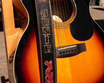 Personalized leather guitar strap, dragons