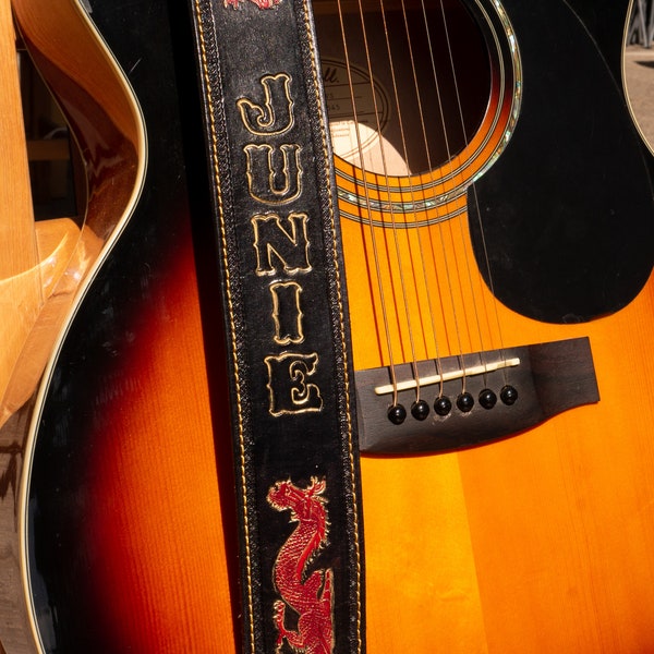 Personalized leather guitar strap, dragons