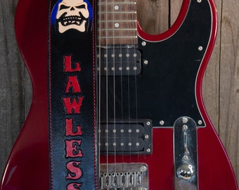 Personalized leather guitar strap, skulls