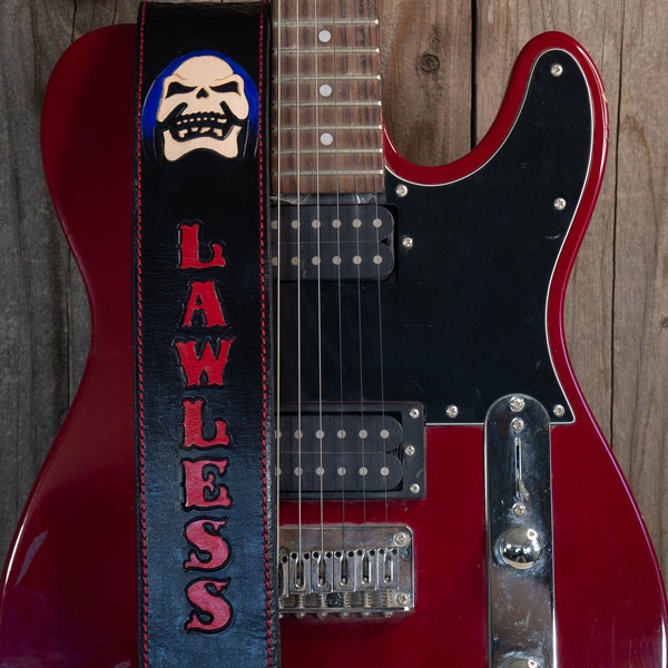 Personalized leather guitar strap, skulls