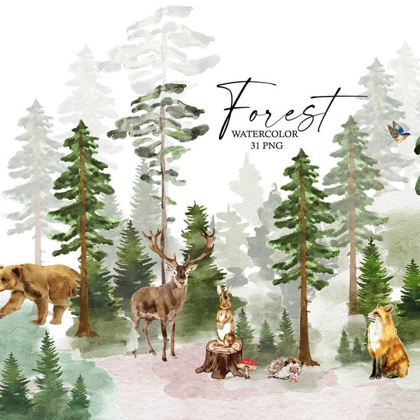 Watercolor Forest Tree clipart, Woodland Animals, Nursery Decoration, Deer, Bear, Fox, Green Forest Trees, Rabbit, Landscape, Baby Shower