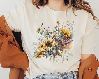 Sunflower Shirt, Floral Tee Shirt, Garden Shirt, Sunflower Tshirt, Wildflower Tshirt, Botanical Shirt Sunflower Bouquet Vintage Flower Shirt