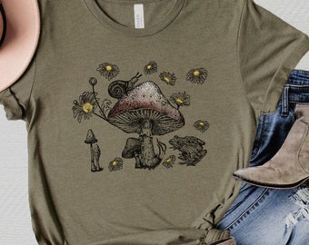 Mushrooms Frogs and Botanical art tshirt, Nature Lover Gift, Cottage-core Clothing, Vintage Classic Snail Shirts, Wildflower Tee Plant Shirt