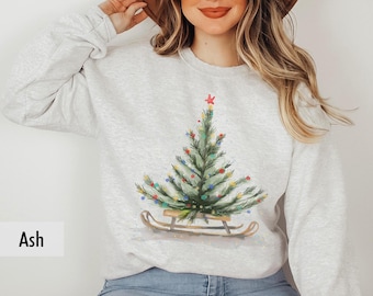 Christmas Tree with Sleigh Sweatshirt, Trees Tee, Pine Tree Shirt, Pine Tree T Shirt, Camping Shirt, Nature Lover Gift, Xmas Shirts