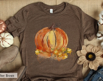 Pumpkin Shirt For Women, Floral Pumpkin Shirt, Fall T-Shirts, Cute Fall Shirt, Thanksgiving Shirt, Cottagecore Fall Tshirt,Pumpkin Patch Tee