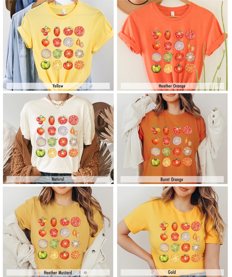 May include: Six different color t-shirts with a graphic print of sliced tomatoes, limes, and onions. The colors are yellow, heather orange, natural, burnt orange, heather mustard, and gold.