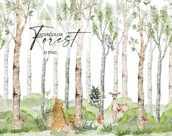 Watercolor Forest Tree clipart, Woodland Animals, Nursery Decoration, Deer, Bear, Owl, Squirrel, Green Forest Trees, Landscape, Baby Shower