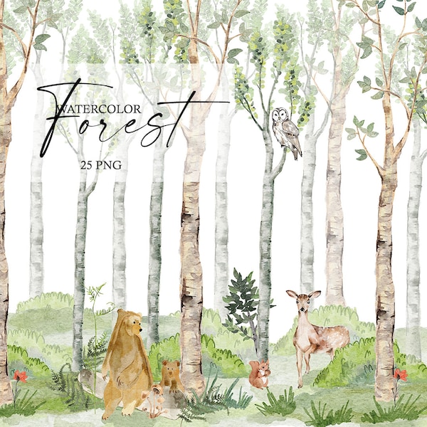 Watercolor Forest Tree clipart, Woodland Animals, Nursery Decoration, Deer, Bear, Owl, Squirrel, Green Forest Trees, Landscape, Baby Shower